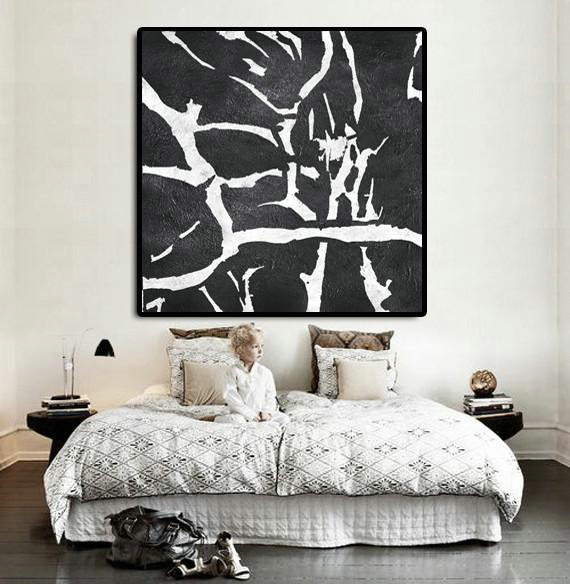 Acrylic Painting Wall Art,Oversized Minimal Black And White Painting - Hand-Painted Canvas Art